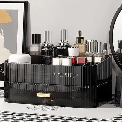 Decorcode Makeup Organizer for Vanity, Large Desk Organizer with Stackable Drawer for Cosmetics, Skincare, Lipsticks, Palette, Nail Care, Ideal Storage for Dresser and Bathroom Countertop- Black