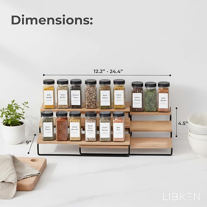LIBKEN Tiered Spice Rack Organizer – Wood & Metal Countertop & Cabinet Spice Stand, Strong & Sturdy 3-Tier Shelf for Kitchen, Pantry, Seasoning Bottles – Minimal Scandinavian Design - Wood Brown