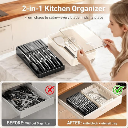 MAD SHARK 2-in-1 Detachable Knife Block & Silverware Organizer, Drawer Knife Holder for 10 Knives, BPA-Free, Blade-Safe Slots, Save Counter Space, Kitchen Drawer or Counter Storage, No Knives