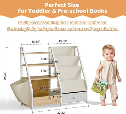 Kids Bookshelf and Toy Storage - Book Shelf for Kids Rooms, Toddler Bookshelf Baby Bookcase for Nursery, Montessori Toy Organizer, Burlywood
