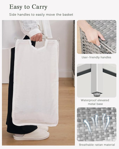 Laundry Hamper with Lid, 112 L Handwoven Rattan Wicker Laundry Basket, 2 Removable Liner Bags Metal Heightened Feet, 6 Mesh Bags, 2 Section Large Clothes Hamper for Bathroom Bedroom, Gray