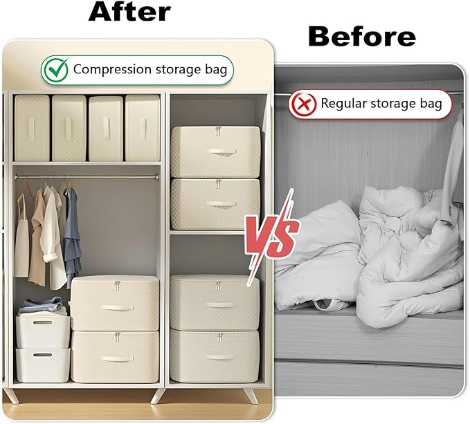 Comforter Storage Bag, Ultra Space Saving Self Compression Organizer, Large Capacity 3-Layer Blanket Storage Bags (Beige X-Large)