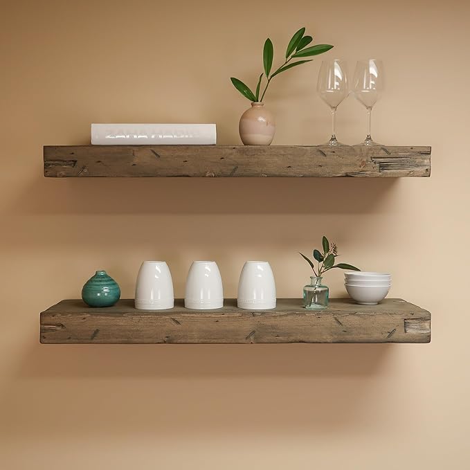 Urbandi Rustic Distressed Floating Shelves, Set of 2, Handmade Out of Pine Wood, 3 Inch Thick, Made in USA (Aged Barrel, 36Lx3Hx8D)