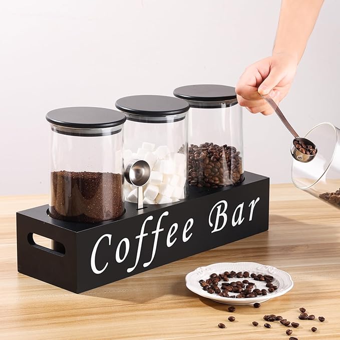 ZOMUIA Glass Coffee Containers Airtight Coffee Bean Storage Jars with Shelf, 3Pcs 44oz Coffee Station Organizer Coffee Canisters, Kitchen Food Storage Jars for Sugar, Candy, Oats, Nuts (BLACK)