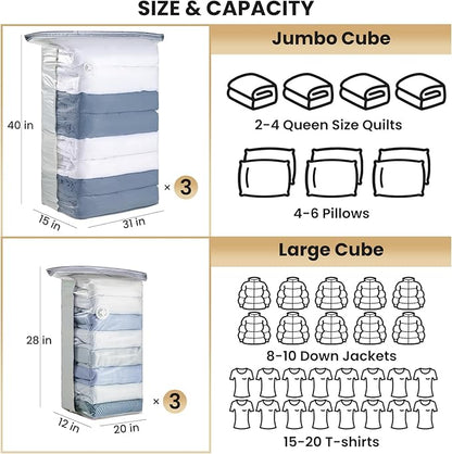 TAILI 6 Pack Vacuum Storage Bags, Cube Space Saver Bags Combo (3 Jumbo +3 Medium), Vacuum Seal Bags for Bedding, Clothing, Comforters, Blankets, Closet Oragnizer and Storage