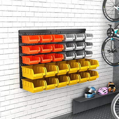 30-Bin Wall Mounted Storage Bins Kit, Tool Organizer Rack, 3 Color Parts Storage Bins, Garage Hardware Organizer, DIY Combination