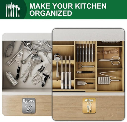 Bamboo Silverware Drawer Organizer, 17.7-29.5 Inch Expandable Large Kitchen Drawer Organizer, 5-8 Slot Flatware with Removable Card Slots & Knife Block for Spoon Butter Knive, Natural