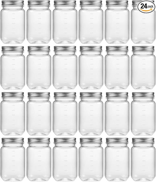 novelinks 16 oz Clear Plastic Jars with Lids, Refillable 16oz Mason Jars with Lids & Storage Containers for Kitchen & Household Use (24 Pack,Silver)