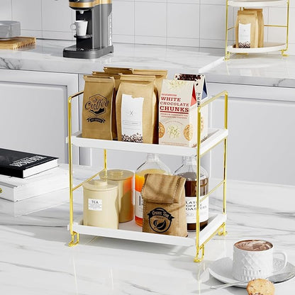 FSyueyun 2-Tier Bathroom Countertop Organizer, Tool-Less Installation Premium Plastics Makeup Shelf Organizer Perfume Skincare for Dresser Vanity Tray Organizers and Storage (Gold)