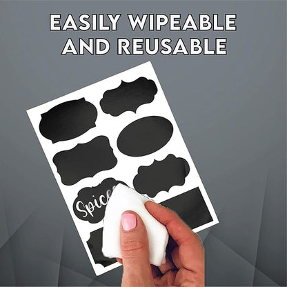 Mantah Chalkboard Label Stickers 96pcs - 9 Assorted Shapes in 3 Sizes with 2 White Chalk Marker, Reusable Waterproof Label for Storage Bin, Food Container, Jars, Containers