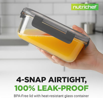 Superior Glass Food Storage Containers - 24-Piece Stackable Glass Meal-prep Containers w/Newly Innovated Hinged BPA-Free 100% Leakproof Locking Lids - Freezer-to-Oven-Safe - NutriChef NCGLGY (Gray)