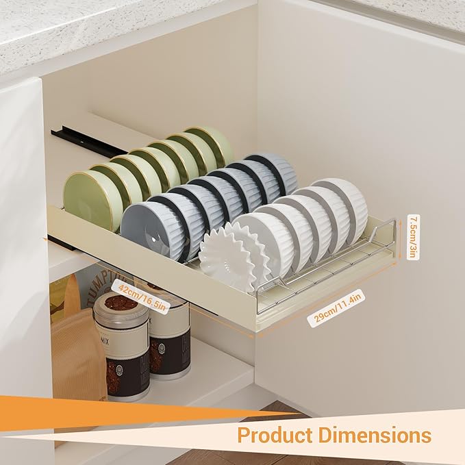 Pull-Out Cabinet Dish Drying Rack - Dish Drying Rack Stainless Steel 2-Tier Kitchen Organizer for Plates Bowls, Under-Counter Space Saving Storage Rack, Adjustable（White）