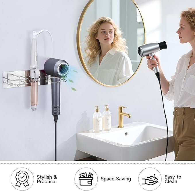 Oukimly Blow Dryer Holder Wall Mounted Curling Iron Holder, 3 in 1 Hair Tool Organizer for Straightener, Curling Iron, Hair Dryer Holder Adhesive Flat Irons Storage for Bathroom Barber Shop (Silver)