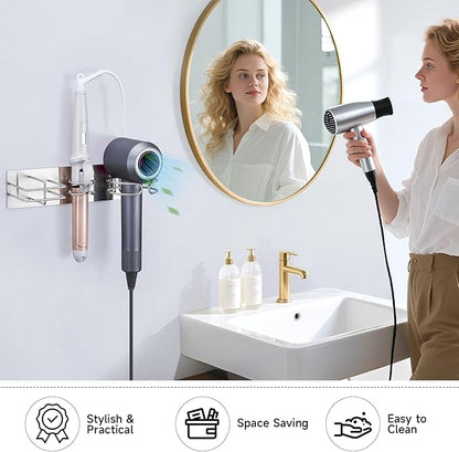 Oukimly Blow Dryer Holder Wall Mounted Curling Iron Holder, 3 in 1 Hair Tool Organizer for Straightener, Curling Iron, Hair Dryer Holder Adhesive Flat Irons Storage for Bathroom Barber Shop (Silver)