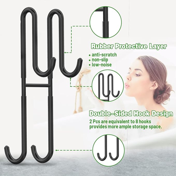 Cerbonny Shower Door Hooks, 2 Pack Double Towel Hooks for Bathroom Frameless Glass Shower Door, Heavy Duty Stainless Steel Bathroom Hanger Without Perforation，Black