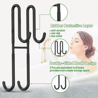 Cerbonny Shower Door Hooks, 2 Pack Double Towel Hooks for Bathroom Frameless Glass Shower Door, Heavy Duty Stainless Steel Bathroom Hanger Without Perforation，Black
