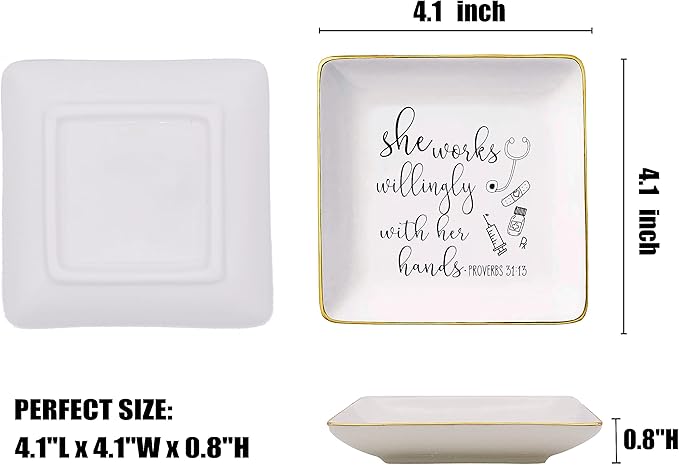 Nurse Appreciation Gifts for Women - She Works Willingly with Her Hands - Nurse Week Gift Ideas for Nurse Practitioner,Pharmacy,Medical,School, Roommate - Ceramic Jewelry Holder Ring Dish Trinket Tray