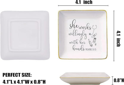 Nurse Appreciation Gifts for Women - She Works Willingly with Her Hands - Nurse Week Gift Ideas for Nurse Practitioner,Pharmacy,Medical,School, Roommate - Ceramic Jewelry Holder Ring Dish Trinket Tray