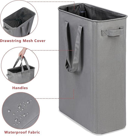 efluky Slim Laundry Basket, Narrow Laundry Hamper with Handles, Collapsible Dirty Clothes Hamper, Tall Laundry Bin for Laundry Room, Dorm and Bedroom, 12.7 Gallons(48L) Grey (Pack of 2)