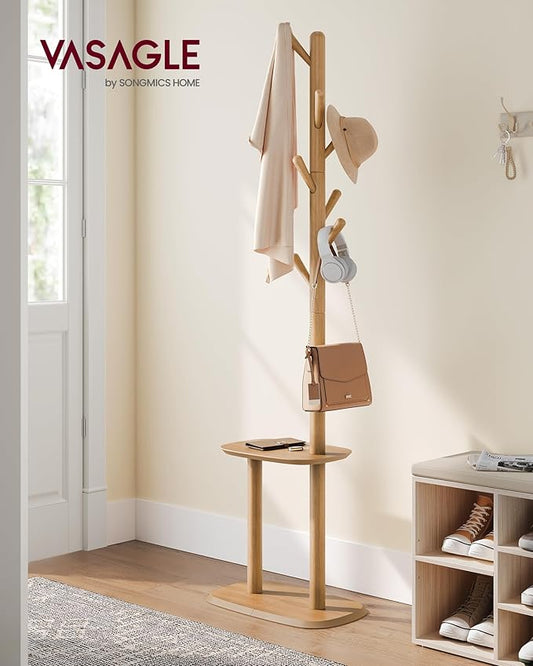 VASAGLE Coat Rack, Free Standing Coat Stand, Hall Coat Tree with 8 Hooks and Storage Shelf, 67.2 Inch Tall, for Coats, Hats, Bags, for Entryway, Hallway, Bedroom, Natural Beige URCR040N02