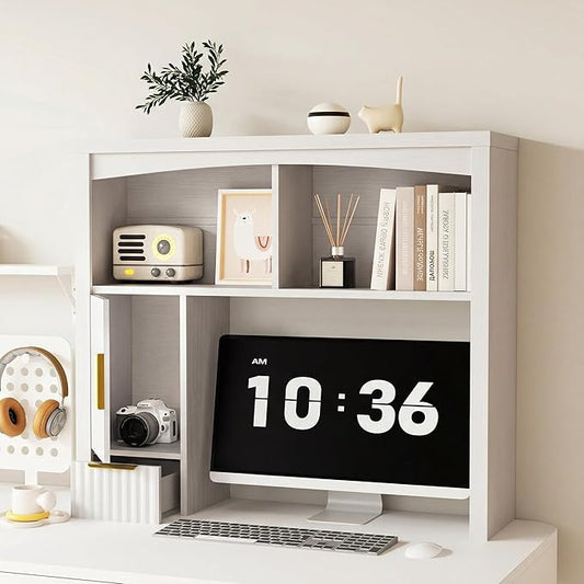 Desktop Shelf, Wooden Desk Hutch with Storage, Desktop Bookshelf with Cabinet and Drawer, Office Desk Organizer, Space-Saving Organization, Over Desk Storage Shelves for Home, Dorm, White