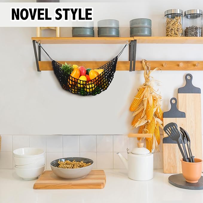 Xuhal 2 Pcs 11.8 x 20 Inch Large Macrame Fruit Hammock Under Cabinet Veggie Banana Hammock Hanging Fruit Basket Saves Counter Space for Kitchen Hand-woven Lace Hanging Basket (Black Style)