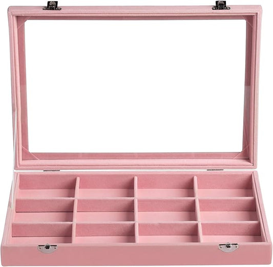 Frebeauty Velvet Jewelry Tray,12 Grid Jewelry Organizer with Clear Lid,Bracelets Holder,Jewelry Display Case with Clasp,Drawer Insert Bangle Brooch,13.8 x 9.5 x 2 Inches,Gift for Women Girls(Pink)