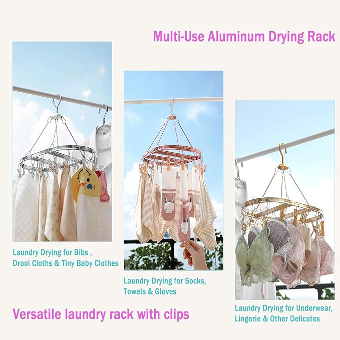 Sock Drying Rack with 26 Non-Slip Clips - Aluminum Hanging Drying Rack for Underwear, Baby Clothes & Delicates | Oval Design & Wind-Resistant Hooks (Champagne Gold) - 2 Pack