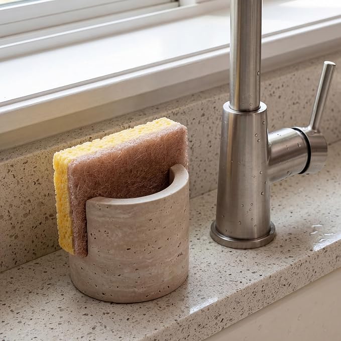 MALIHOO Travertine Natural Marble Sponge Holder, Sponge Caddy for Sink Organizer, Kitchen, Bathroom, Fast Absorbing, Durable, Elegant and Stylish