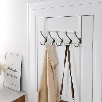 Dseap Over The Door Hook Hanger - Fits 1 3/8" to 1 3/4" Standard Doors | 5 Tri Hooks Heavy Duty Towel/Coat Rack | Door Organizer for Clothes, Jackets, Hats, Towels, Grey, Pack of 2