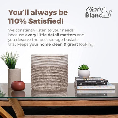 CHAT BLANC Cotton Rope Baskets for Organizing | 15”x10”x9” Storage Baskets for Shelves | Small Laundry Woven Baskets for Storage, Dog Toy Bin, Baby Basket,Off White&Brown 3 Pack