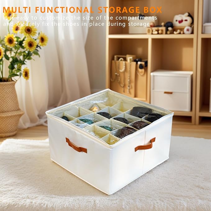 SEIUGDEF Shoe Organizer for Closet with Adjustable Dividers & Clear Cover - Fits up to 16 Pairs, Foldable Storage Box (Beige)