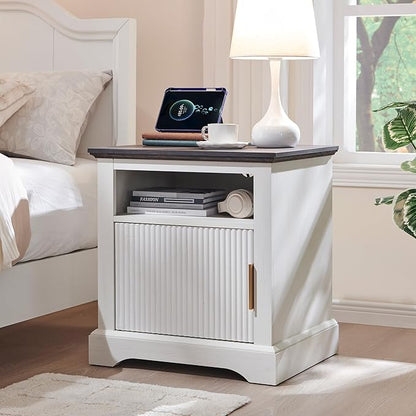 wow97e 22" Large Fluted Nightstand with Charging Station, Modern End Table, Wood Side Table w/Open Shelf & Spacious Tabletop, Bedside Table with Storage Space for Bedroom, Living Room-White
