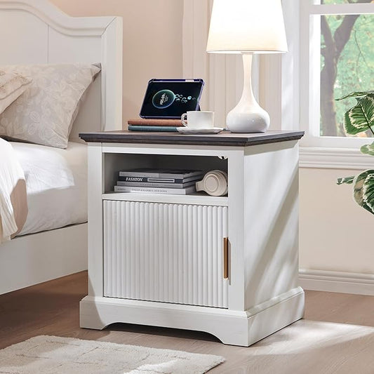 wow97e 22" Large Fluted Nightstand with Charging Station, Modern End Table, Wood Side Table w/Open Shelf & Spacious Tabletop, Bedside Table with Storage Space for Bedroom, Living Room-White