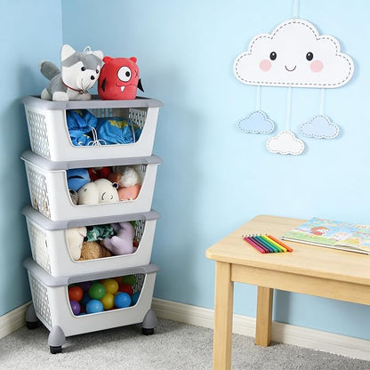 5-Tier Plastic Stackable Storage Bins for Pantry, Stacking Organizing Baskets with Wheels