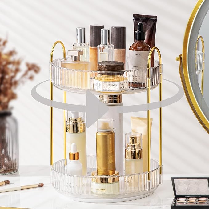 Weidace 360 Rotating Makeup Organizer for Vanity, Bathroom Countertop Spinning Perfume Organizer, High-Capacity Cosmetic and Skincare Dresser Make Up Holder Rack (2 Tiers, White)