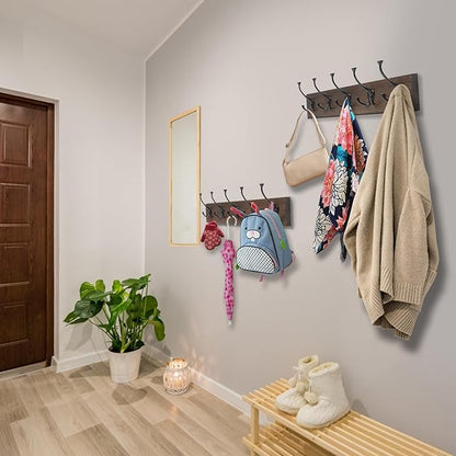 IBosins 2 Pack Coat Rack Wall Mount, 17'' Old Wood Color Coat Hanger, Rustic Wooden Metal Coat Hooks Rail for Entryway Living Room Coat Jacket Scarf Bag Towel Hat