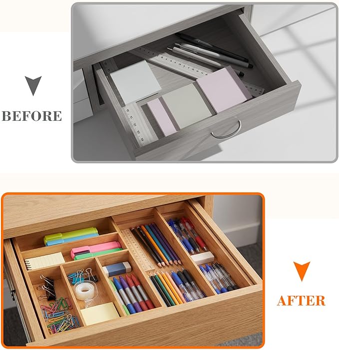 Briwooody 1 Pcs Bamboo Drawer Organizer 9'' up to 18'' x 15'' x 2'' Expandable Drawer Organizer Pens Notebook Ruler Makeup Tray with 7 Adjustable Compartments for Desk Office Kitchen Bathroom(Wood)