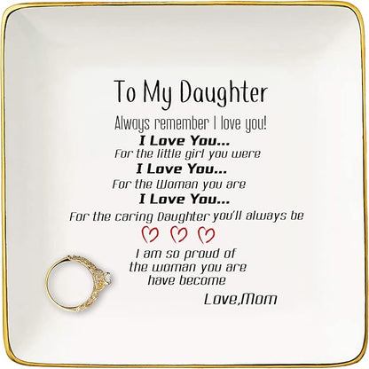 To My Daughter Always Remember I Love You Ceramic Jewelry Holder Ring Dish Trinket Tray - Gifts from Mom Or Dad - Birthday, Graduation, Christmas