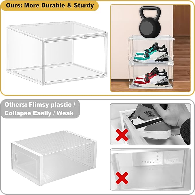 3BBYJL 12 Pack Plastic Shoe Storage Boxes Fit US Size 13, Clear Stackable Shoe Display Case with Acrylic Magnetic Side Door, Shoe Containers for Sneaker Storage, Hats, Figure, Collectible