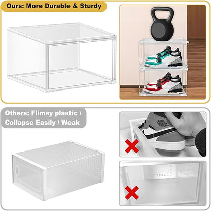 3BBYJL 12 Pack Plastic Shoe Storage Boxes Fit US Size 13, Clear Stackable Shoe Display Case with Acrylic Magnetic Side Door, Shoe Containers for Sneaker Storage, Hats, Figure, Collectible