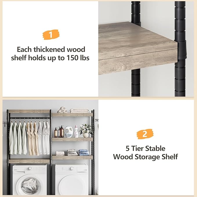 Garvee 28 in Over-The-Toilet/Washer Shelf – 5-Tier Laundry Organizer with Double-Layer Wood Shelves (100 LB Capacity), Adjustable Height Storage for Small Spaces (Grey & Black)