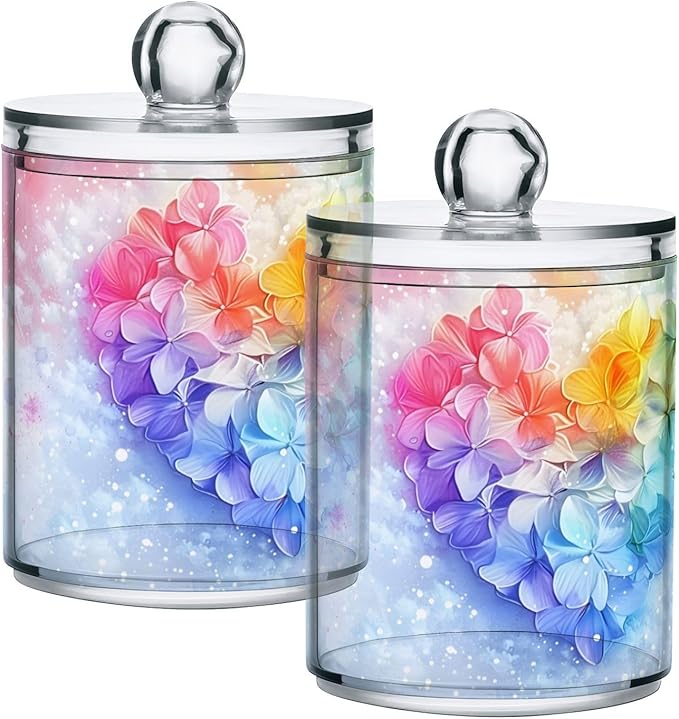 MNSRUU 4 Pack Qtip Holder Organizer Dispenser Pink Hearts Bathroom Containers Bathroom Vanity Storage Canister Apothecary Jars for Cotton Swabs/Pads/Floss