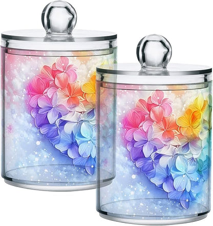 MNSRUU 4 Pack Qtip Holder Organizer Dispenser Pink Hearts Bathroom Containers Bathroom Vanity Storage Canister Apothecary Jars for Cotton Swabs/Pads/Floss