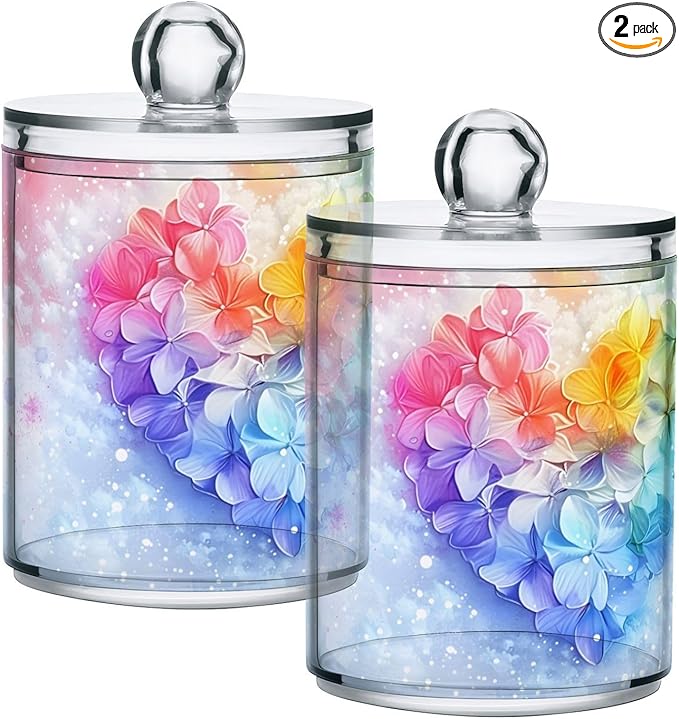 MNSRUU 2 Pack Qtip Holder Organizer Dispenser Pink Hearts Bathroom Storage Canister Cotton Ball Holder Bathroom Containers for Cotton Swabs/Pads/Floss
