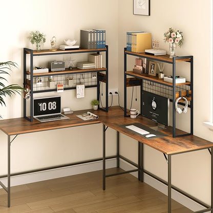 HOOBRO Desktop Bookcase, 2-Tier Desktop Organizer, 37.4" Wooden Office Storage Rack with Outlets, Display Shelf Rack with Light Strip, Desk Hutch for Office, Rustic Brown BF13UDSJ01