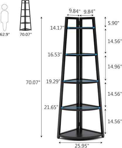 Tribesigns 70 inch Tall Corner Shelf, 5 Tier Modern Corner Bookshelf Bookcase Industrial Corner Ladder Shelf Plant Stand for Living Room, Kitchen, Home Office (Black)