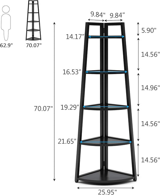 Tribesigns 70 inch Tall Corner Shelf, 5 Tier Modern Corner Bookshelf Bookcase Industrial Corner Ladder Shelf Plant Stand for Living Room, Kitchen, Home Office (Black)