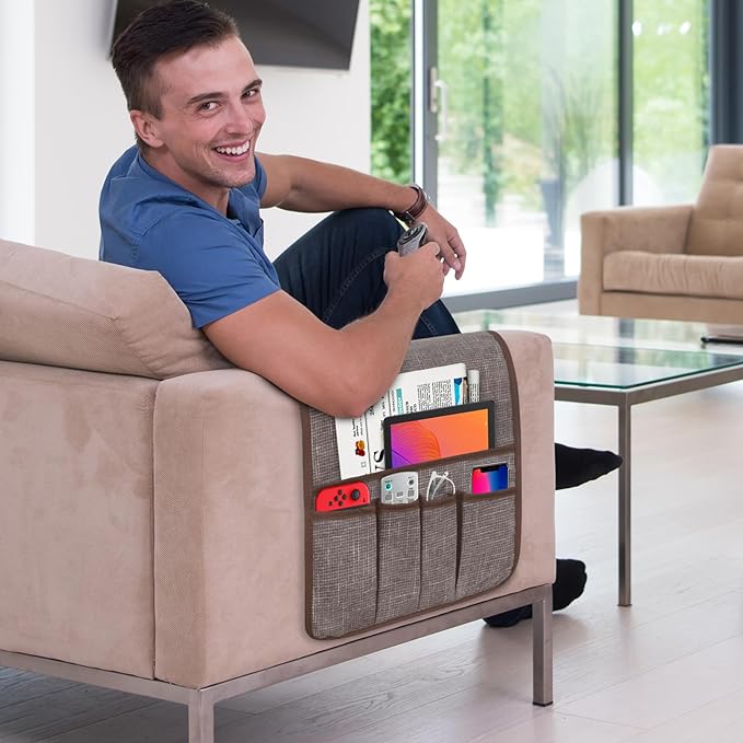 Couch Armrest Remote Control Holder, Couch Caddy Gifts for Seniors Bed Caddy Tv Remote Holder with 5 Pockets for Key Glasses Phone Magazine Holders