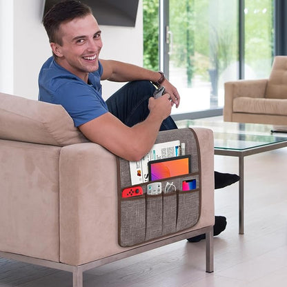 Couch Armrest Remote Control Holder, Couch Caddy Gifts for Seniors Bed Caddy Tv Remote Holder with 5 Pockets for Key Glasses Phone Magazine Holders